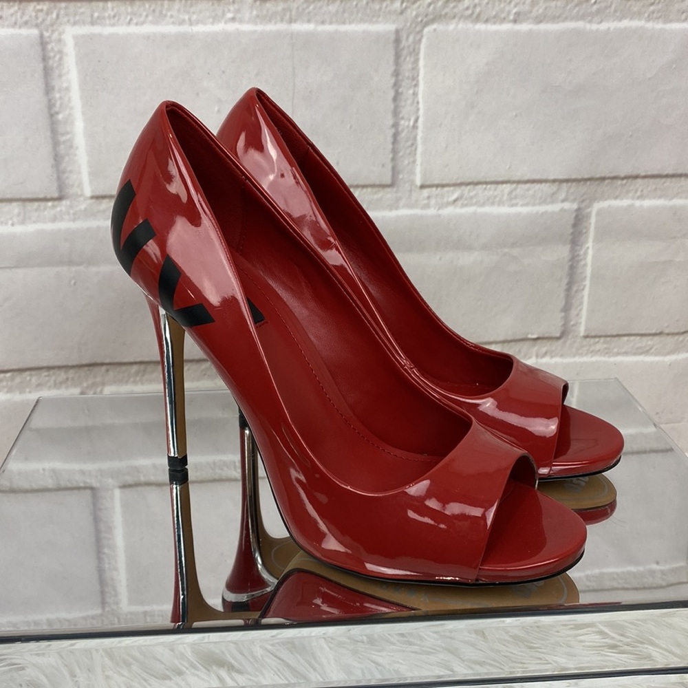 DKNY Red black and silver open toe heels NWT